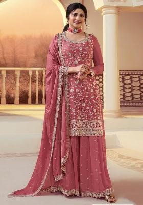 Peach Embroidery Silk Kurta Set