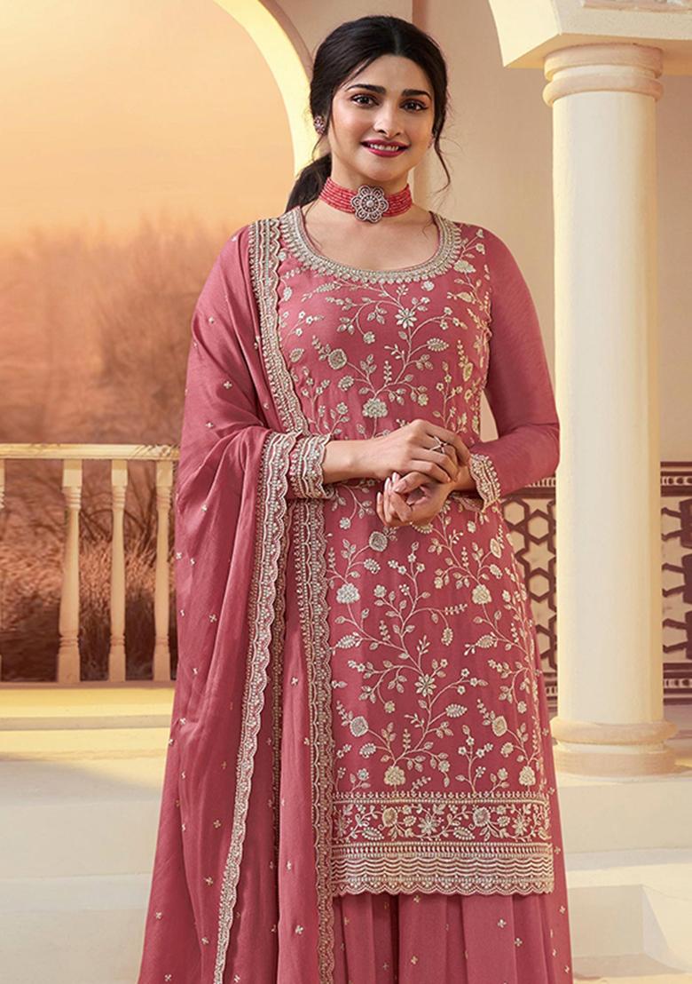 Peach Embroidery Silk Kurta Set - Indya