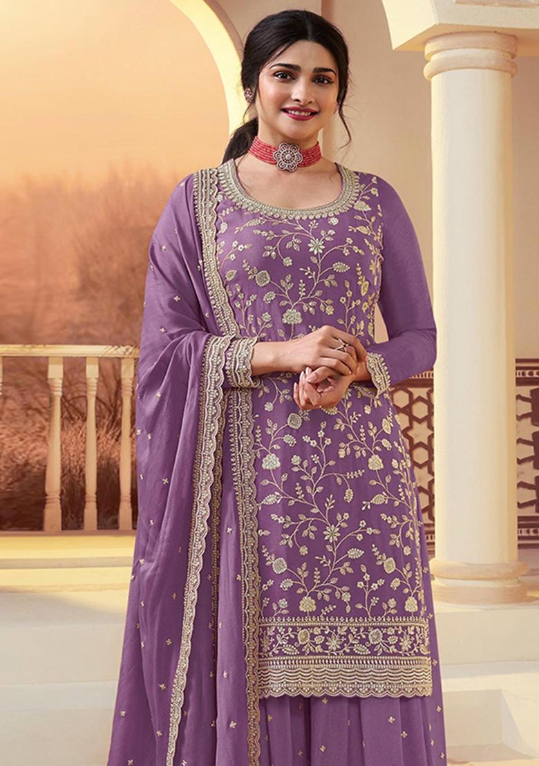 Lavender Embroidery Silk Kurta Set - Indya