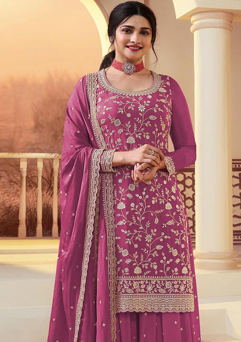 Pink Embroidery Silk Kurta Set - Indya