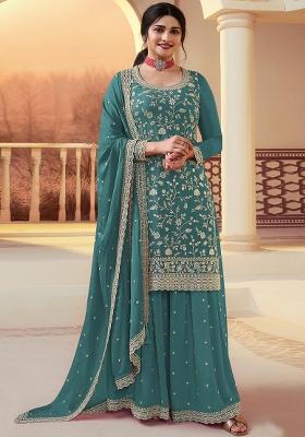 Blue Embroidery Silk Kurta Set