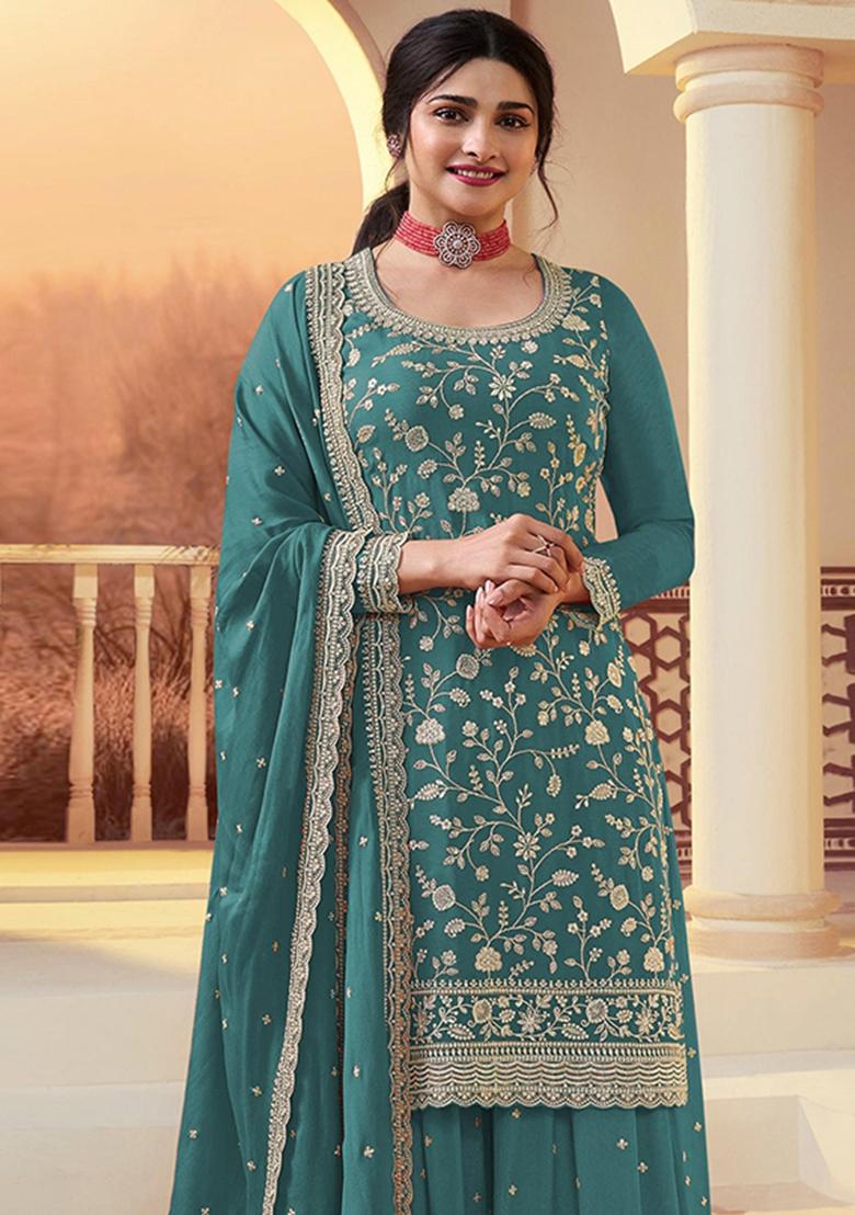 Blue Embroidery Silk Kurta Set - Indya