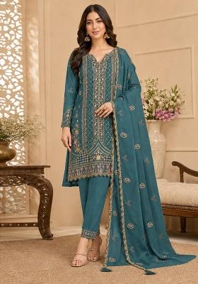 Teal Blue Embroidery Silk Kurta Set