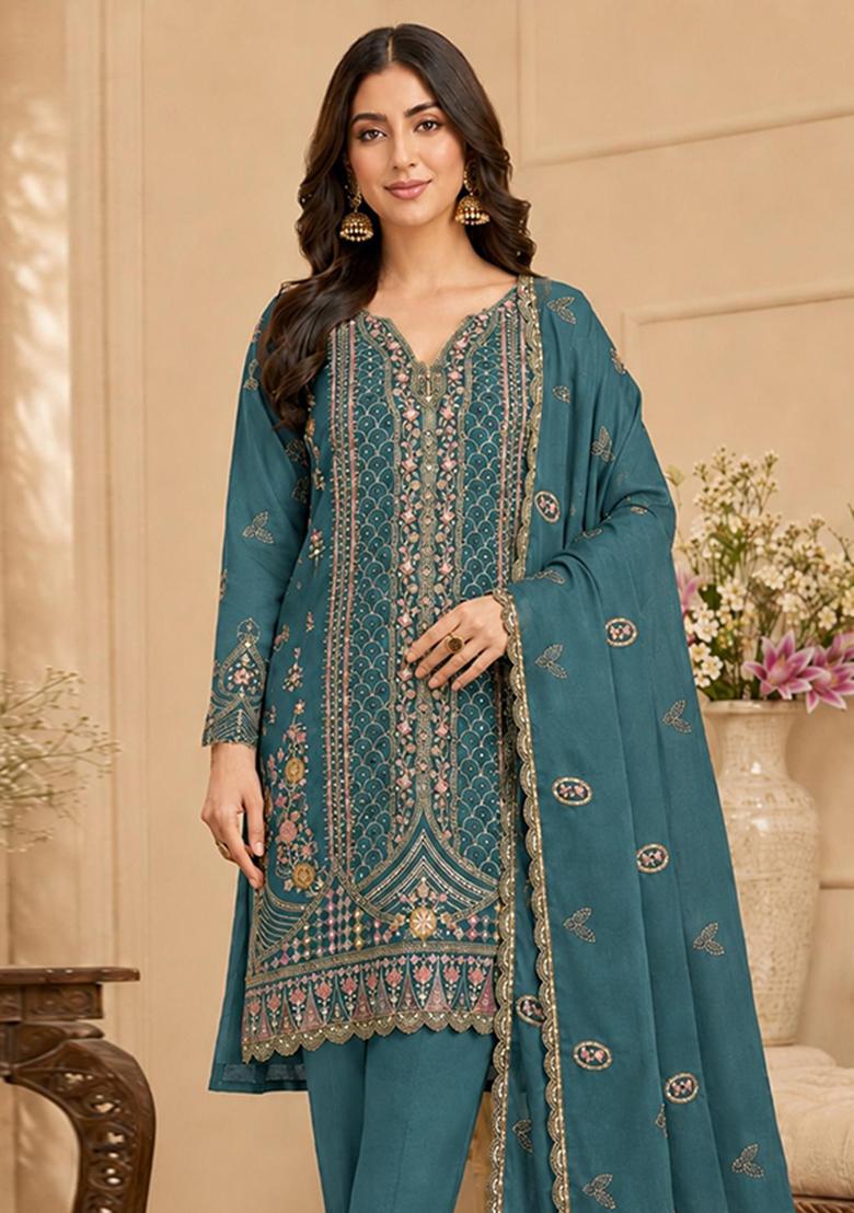 Teal Blue Embroidery Silk Kurta Set - Indya