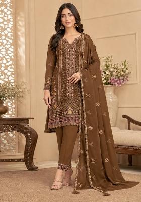 Brown Embroidery Silk Kurta Set