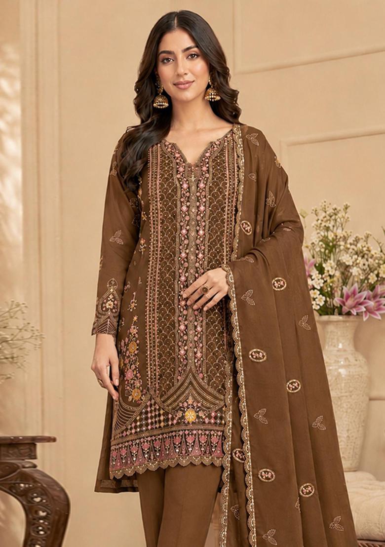 Brown Embroidery Silk Kurta Set - Indya