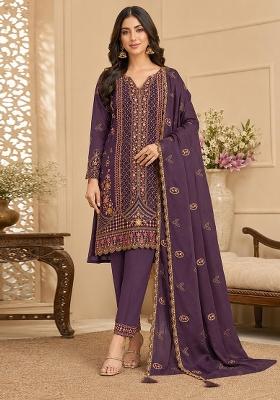 Purple Embroidery Silk Kurta Set