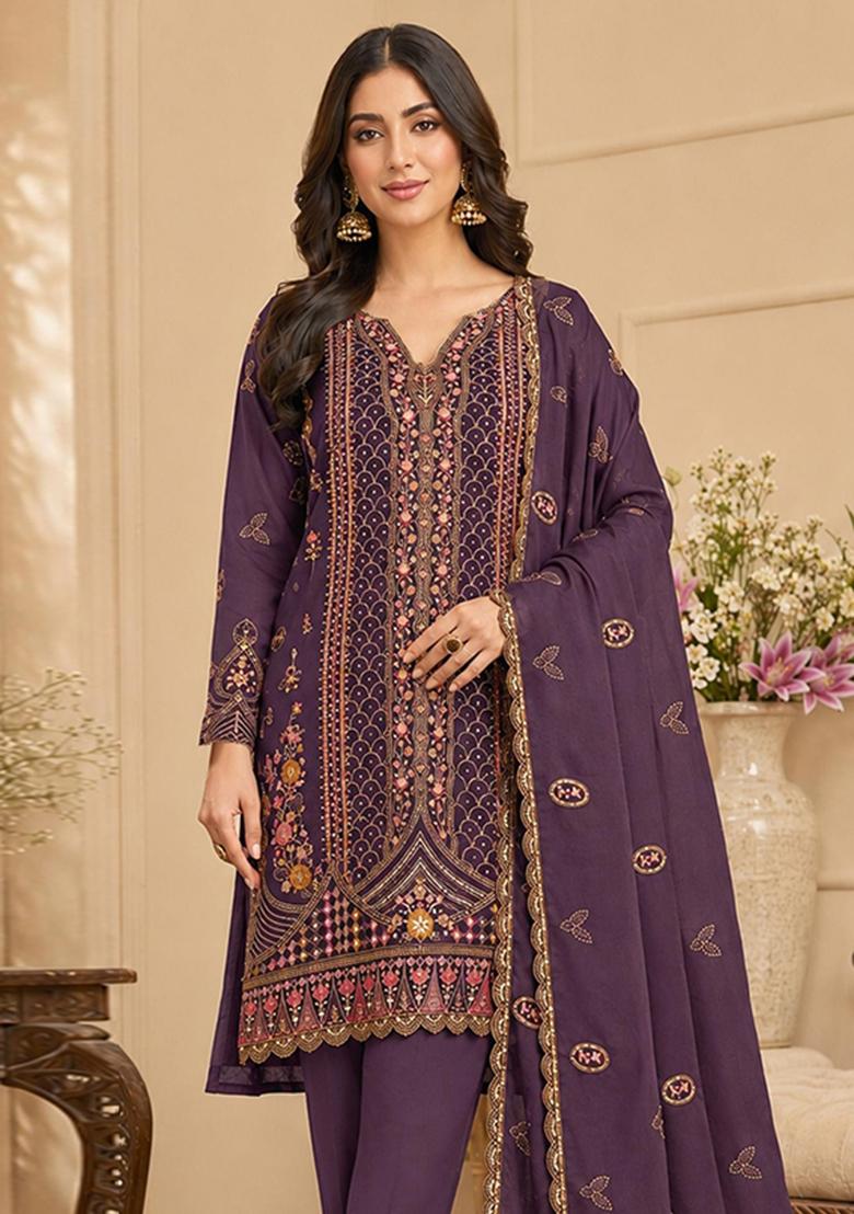 Purple Embroidery Silk Kurta Set - Indya
