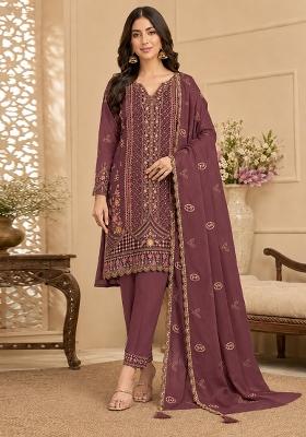 Wine Embroidery Silk Kurta Set
