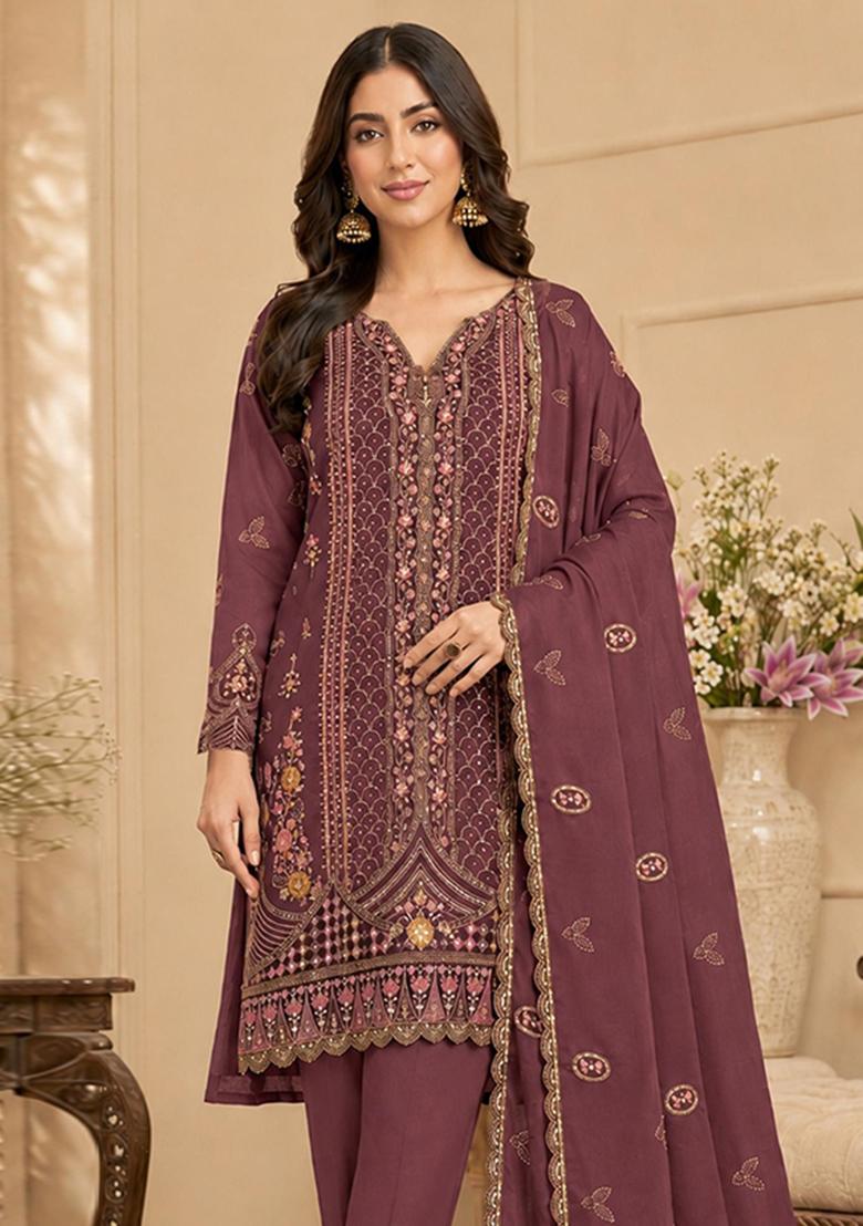 Wine Embroidery Silk Kurta Set - Indya