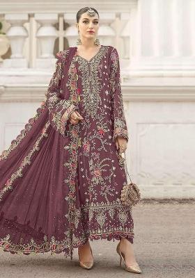Wine Embroidery Chiffon Kurta Set