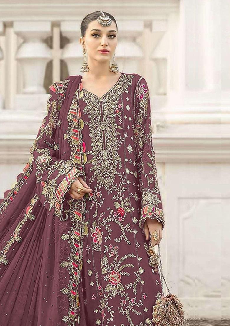 Wine Embroidery Chiffon Kurta Set - Indya