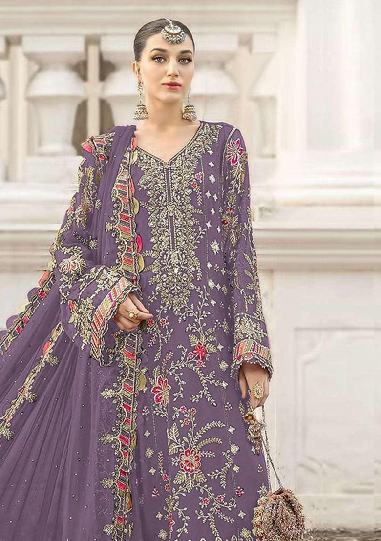 Lavender Embroidery Chiffon Kurta Set - Indya