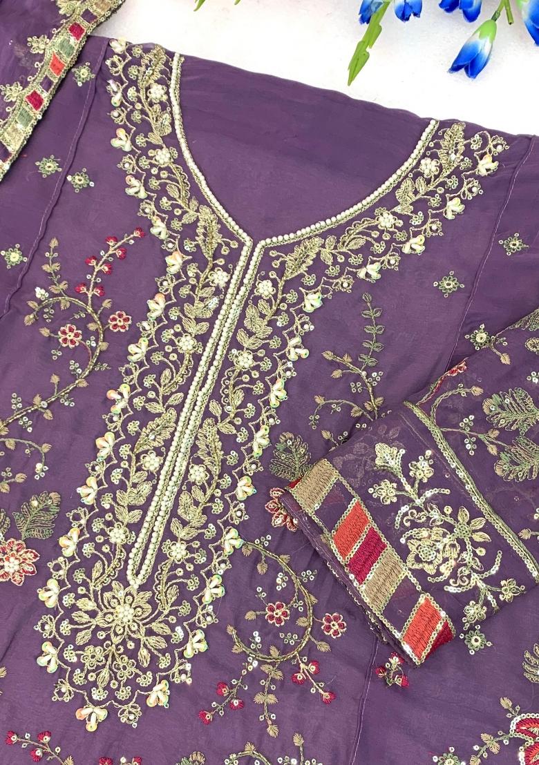 Lavender Embroidery Chiffon Kurta Set - Indya