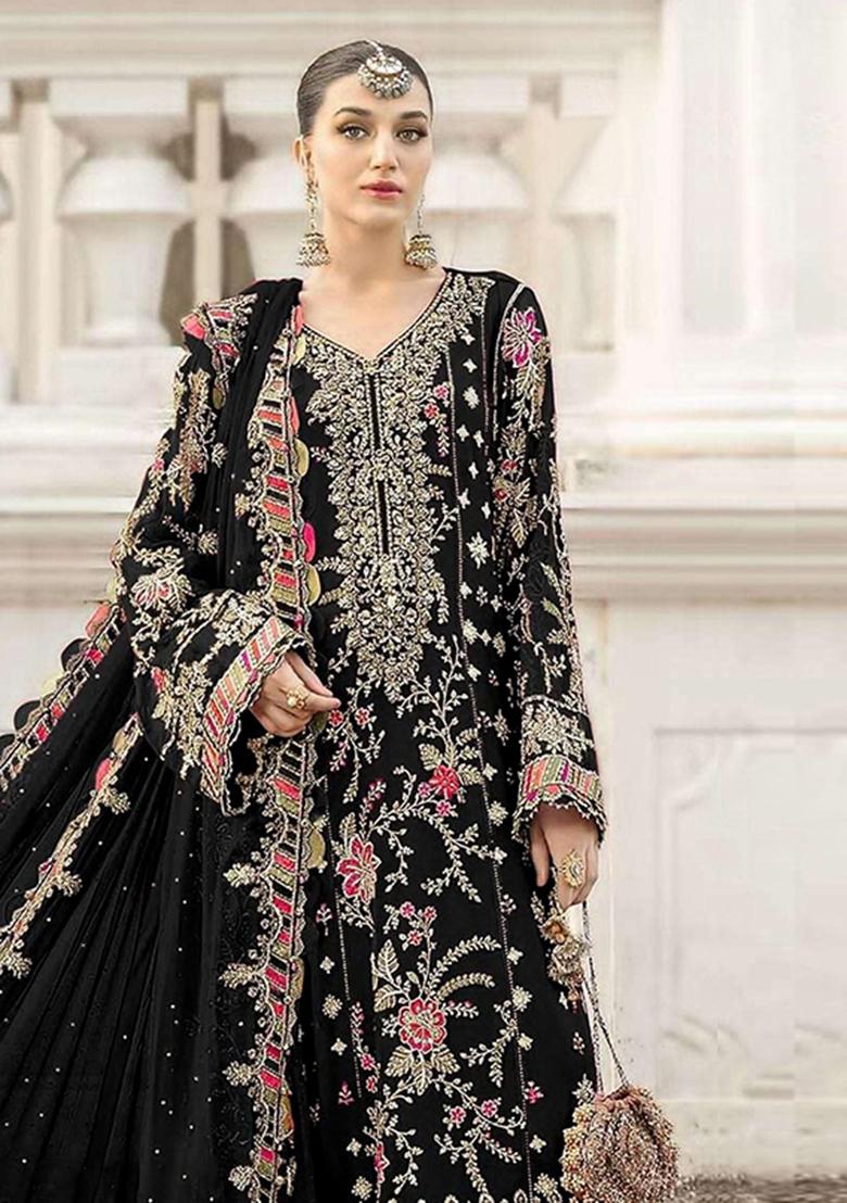 Black Embroidery Chiffon Kurta Set - Indya
