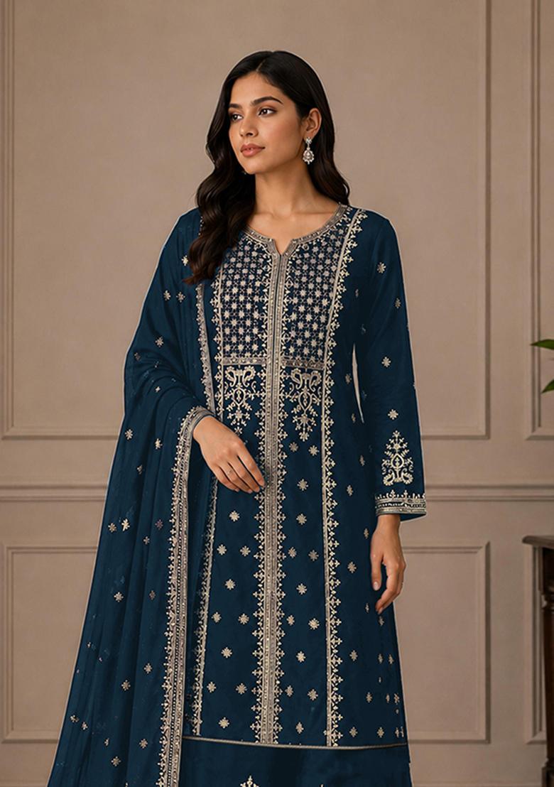 Navy Blue Cord Georgette Kurta Set - Indya