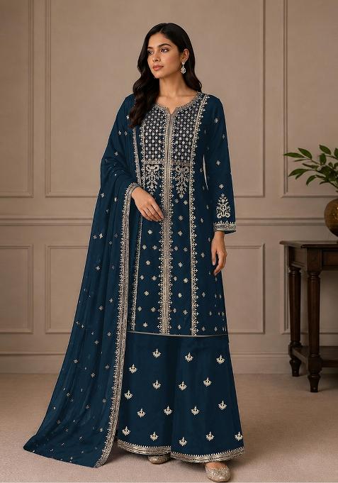 Navy Blue Cord Georgette Kurta Set