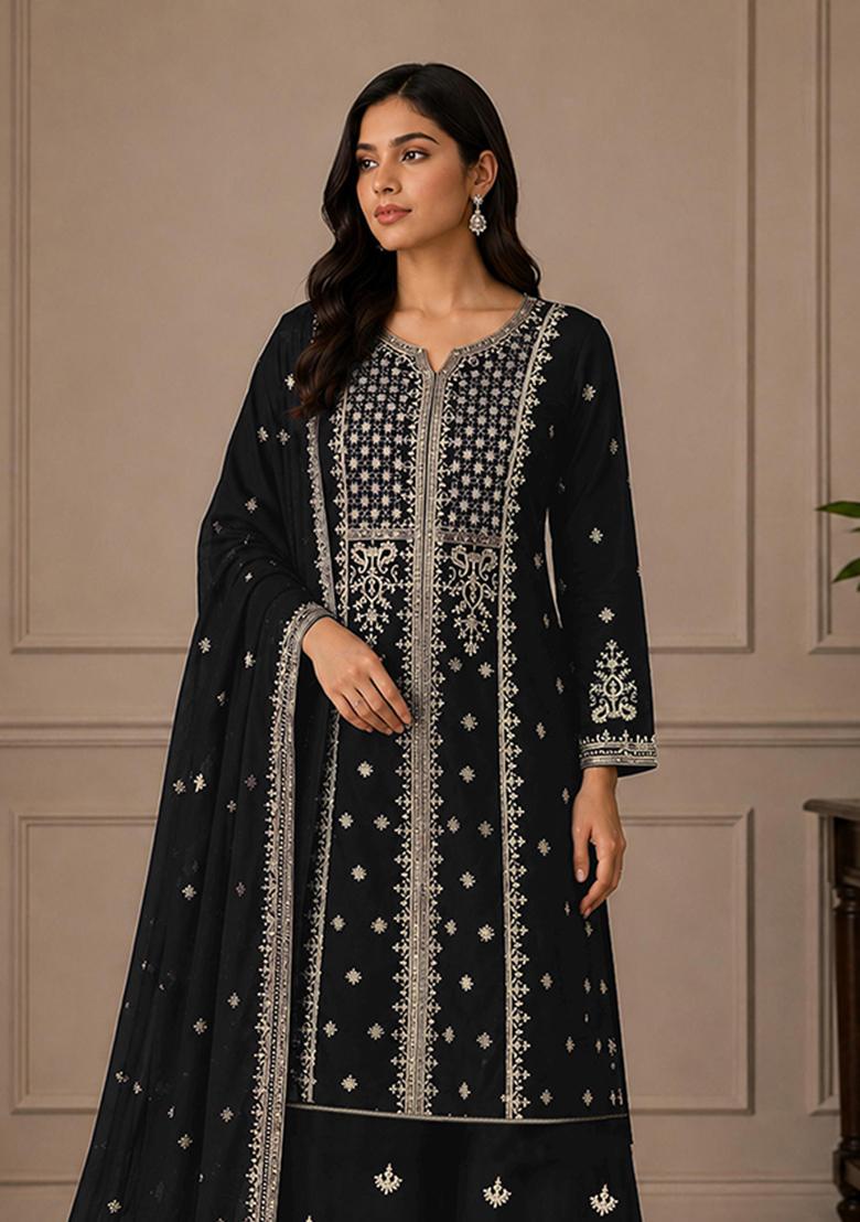 Black Cord Georgette Kurta Set - Indya