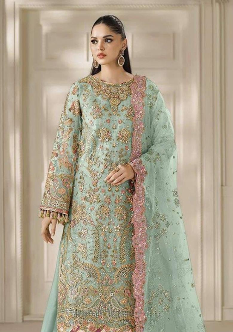 Sea Green Embroidery Chiffon Kurta Set - Indya
