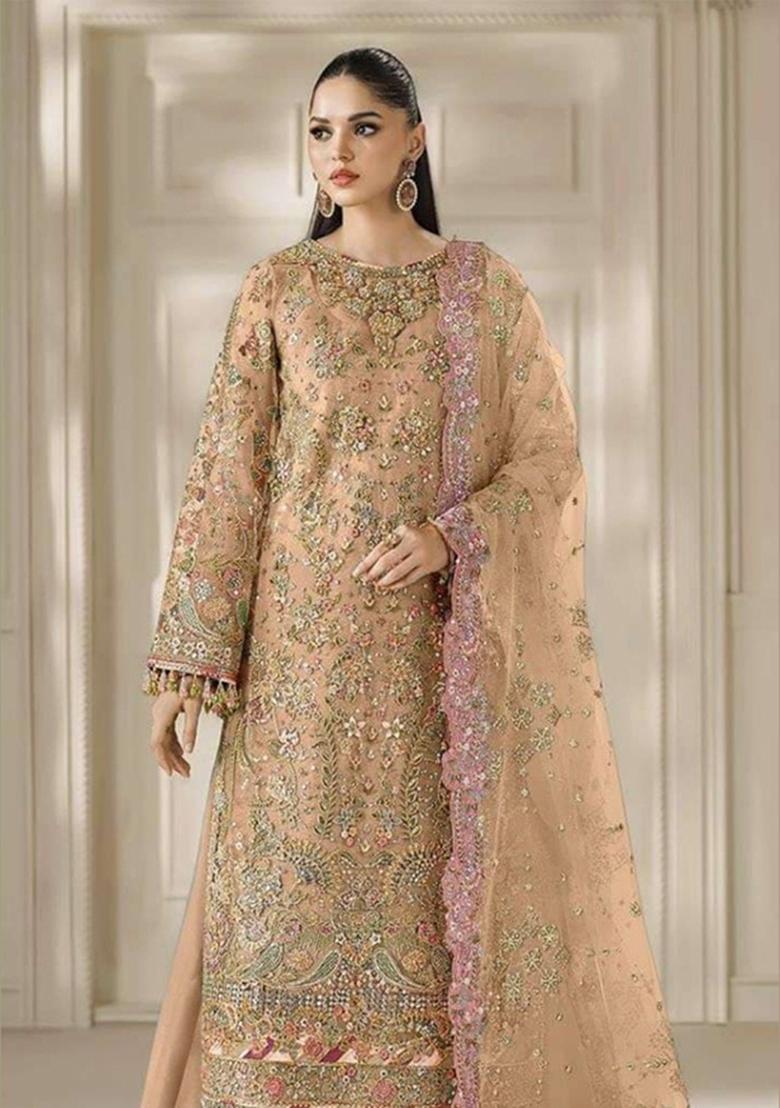 Orange Embroidery Chiffon Kurta Set - Indya