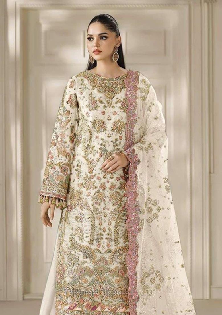 White Embroidery Chiffon Kurta Set - Indya
