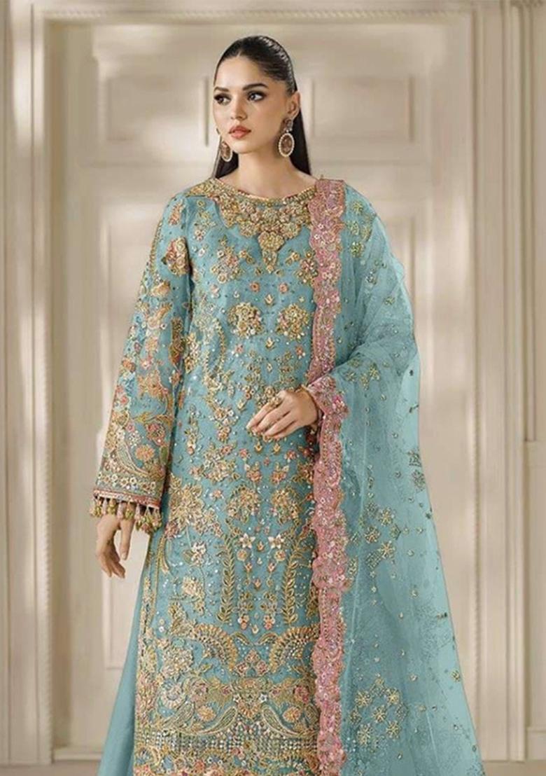 Blue Embroidery Chiffon Kurta Set - Indya