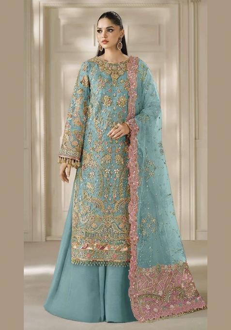 Blue Embroidery Chiffon Kurta Set