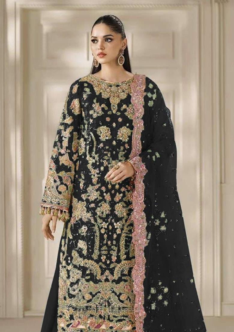 Black Embroidery Chiffon Kurta Set - Indya