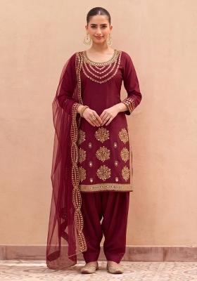 Maroon Embroidery Silk Kurta Set