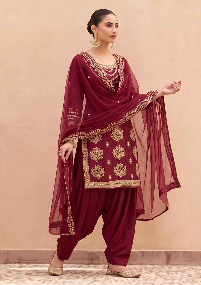 Maroon Embroidery Silk Kurta Set - Indya