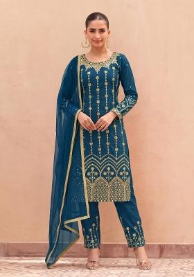 Teal Blue Embroidery Silk Kurta Set