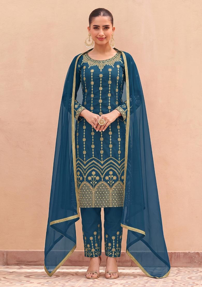Teal Blue Embroidery Silk Kurta Set - Indya