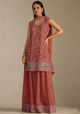 Orange Embroidery Georgette Kurta Set