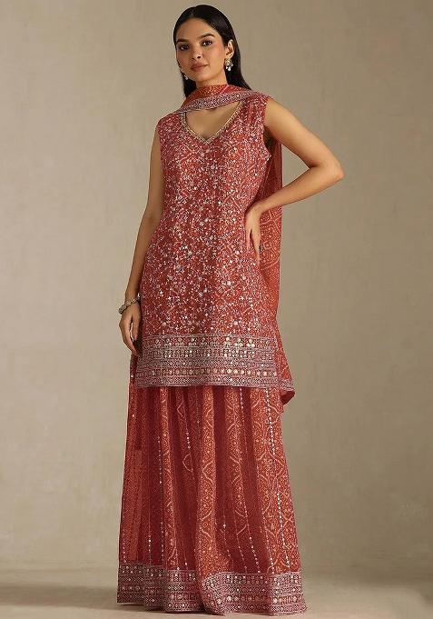 Orange Embroidery Georgette Kurta Set