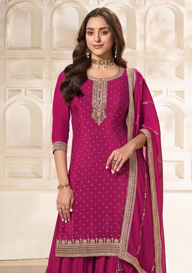 Rani Pink Embroidery Viscose Kurta Set - Indya