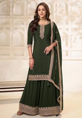 Green Embroidery Viscose Kurta Set