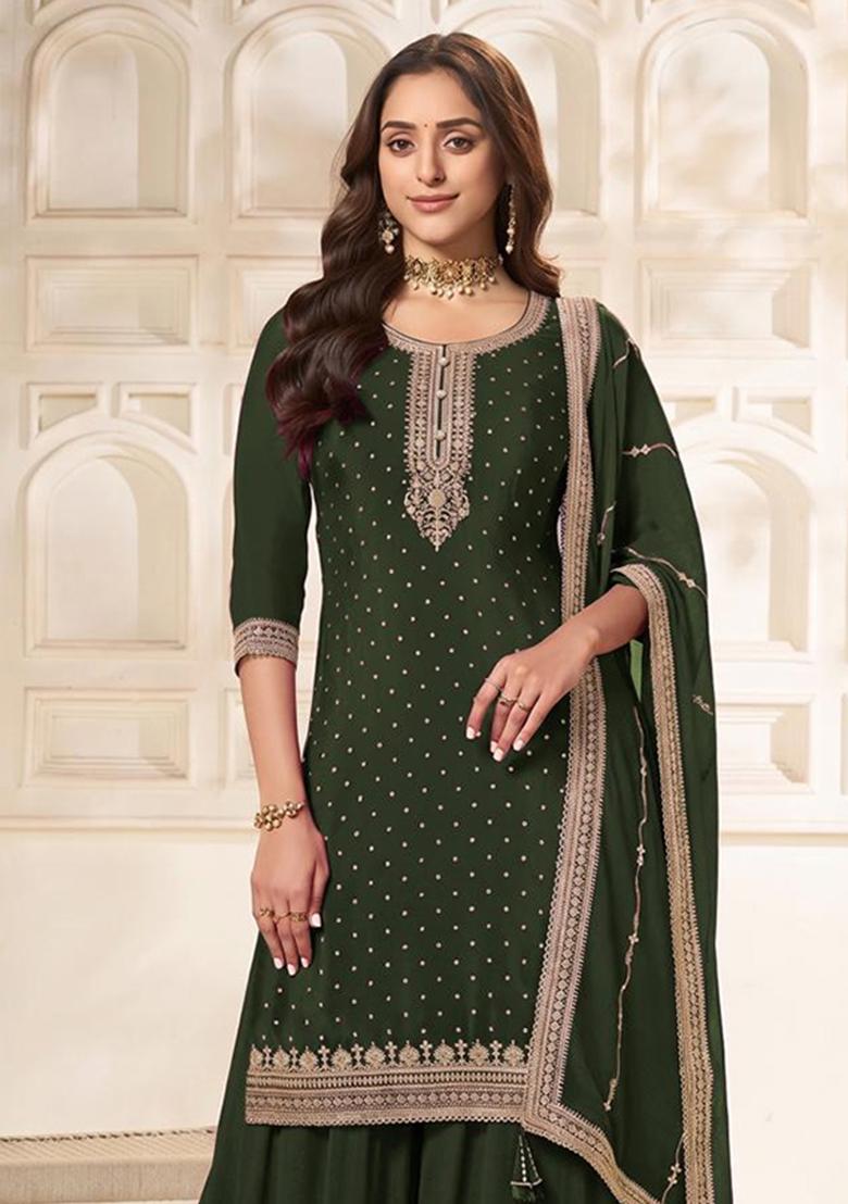 Green Embroidery Viscose Kurta Set - Indya