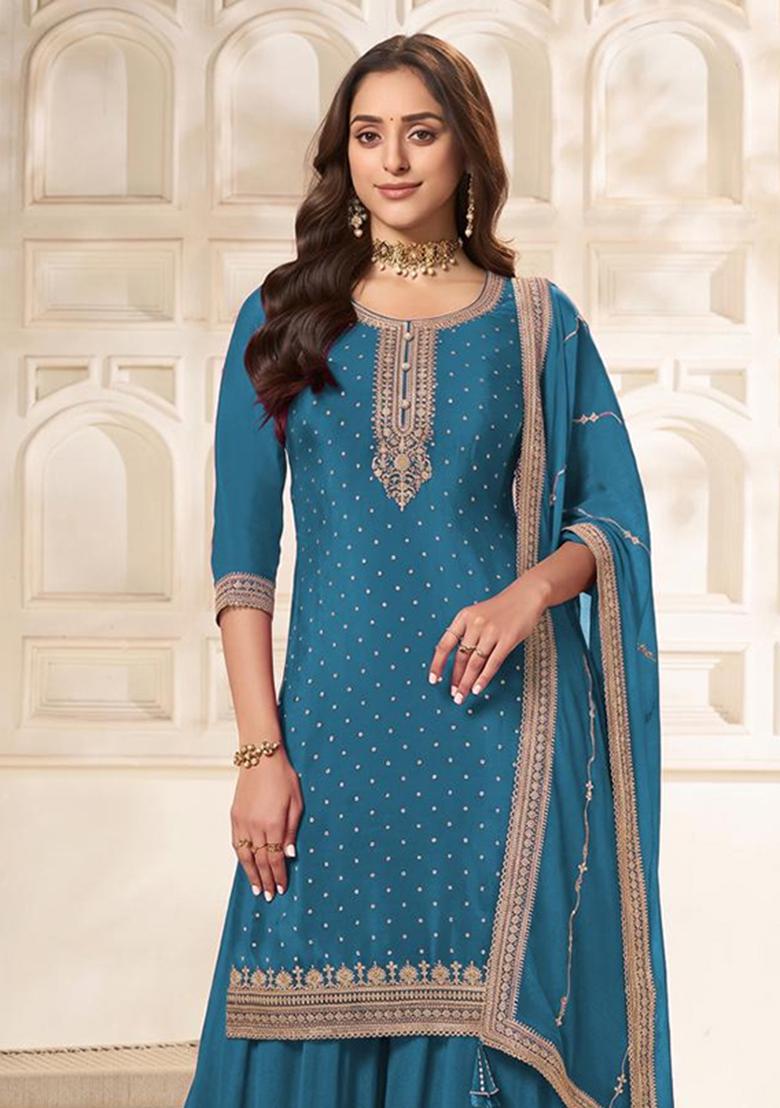 Blue Embroidery Viscose Kurta Set - Indya