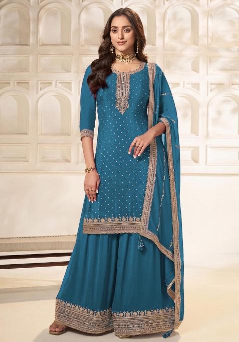 Blue Embroidery Viscose Kurta Set