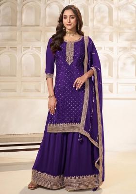 Purple Embroidery Viscose Kurta Set