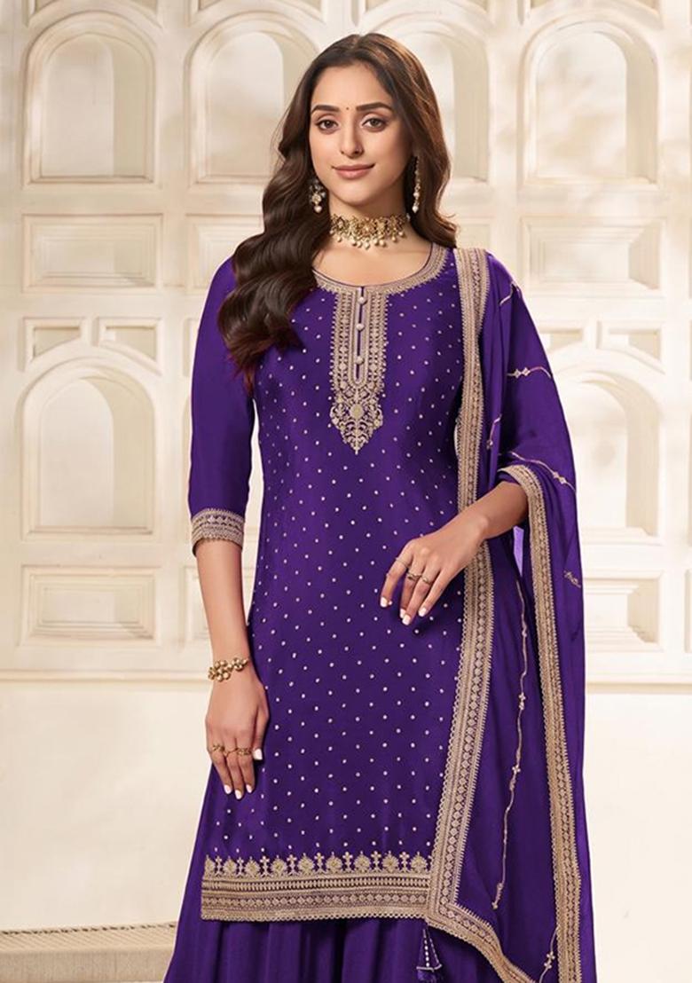 Purple Embroidery Viscose Kurta Set - Indya