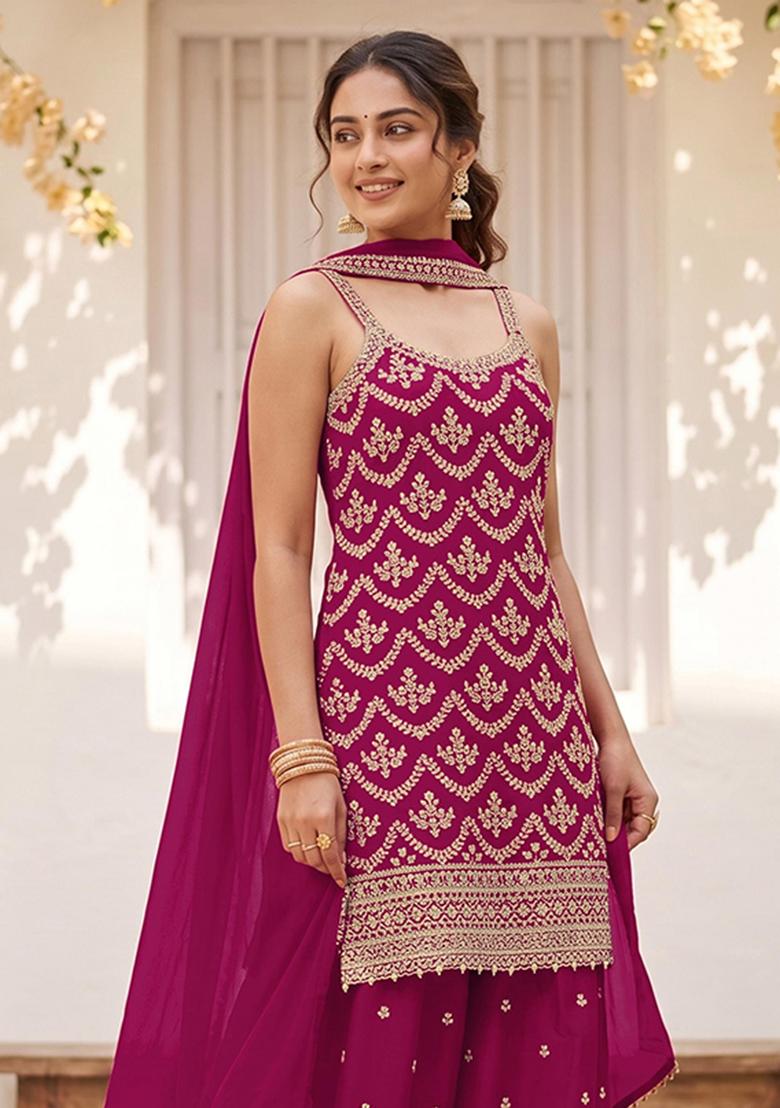 Rani Pink Embroidery Chinon Kurta Set - Indya