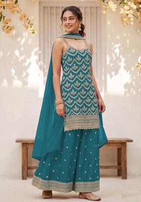 Blue Embroidery Chinon Kurta Set