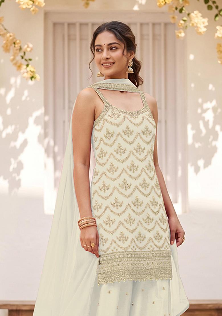 White Embroidery Chinon Kurta Set - Indya