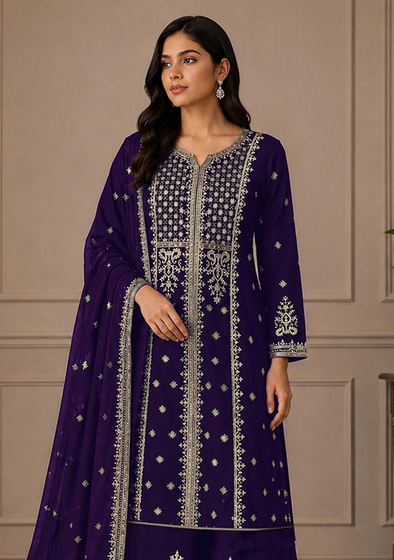 Purple Embroidery Georgette Kurta Set - Indya