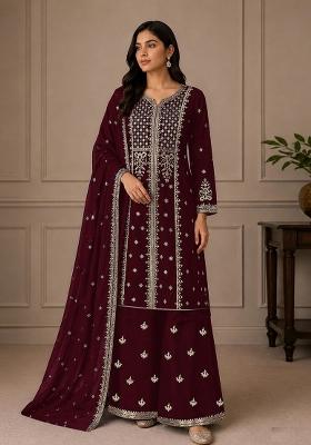 Maroon Embroidery Georgette Kurta Set