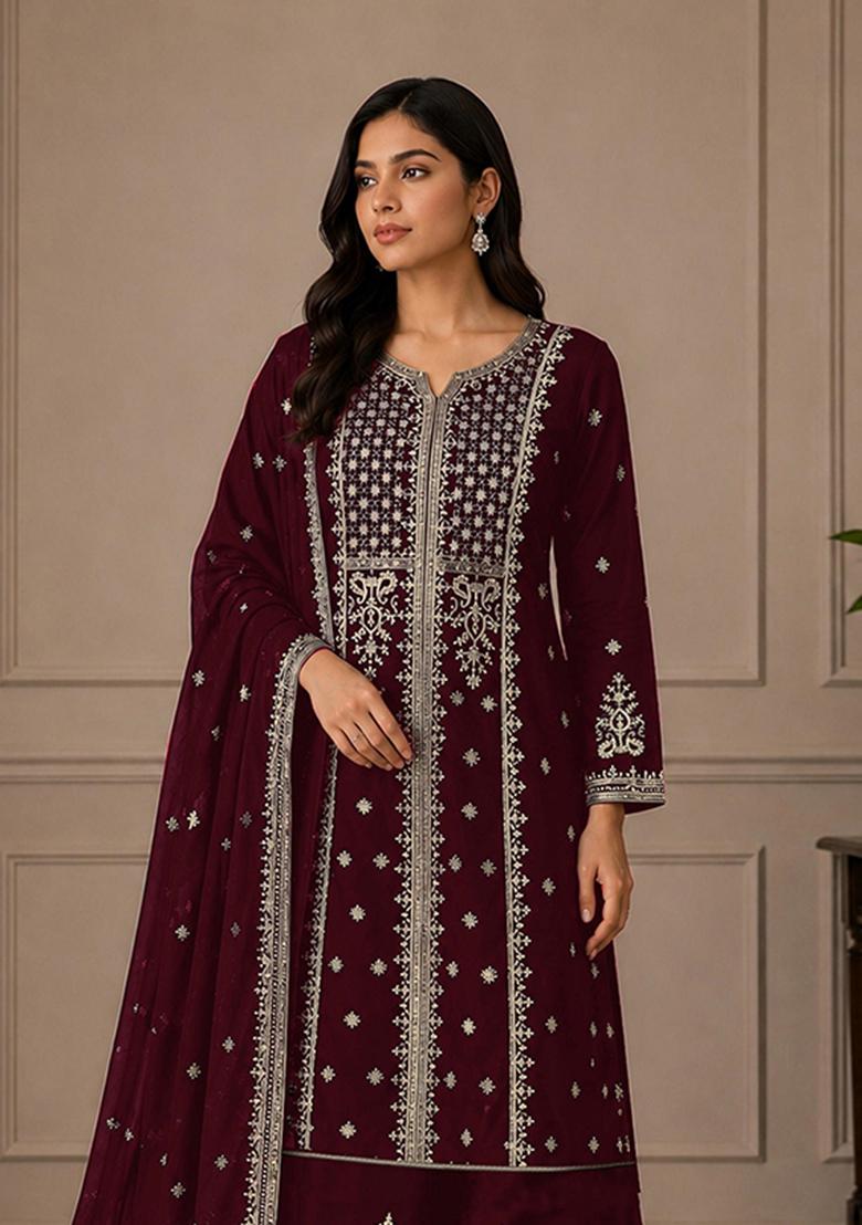 Maroon Embroidery Georgette Kurta Set - Indya