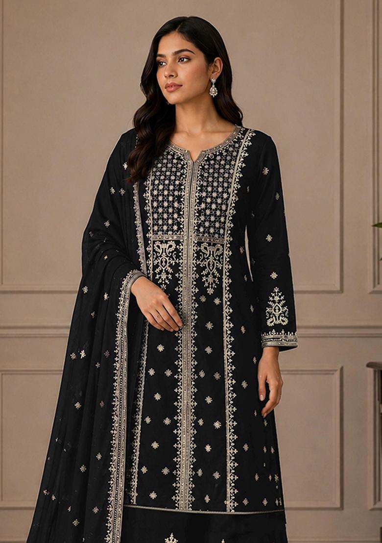 Black Embroidery Georgette Kurta Set - Indya