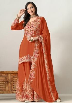 Orange Embroidery Chinon Kurta Set