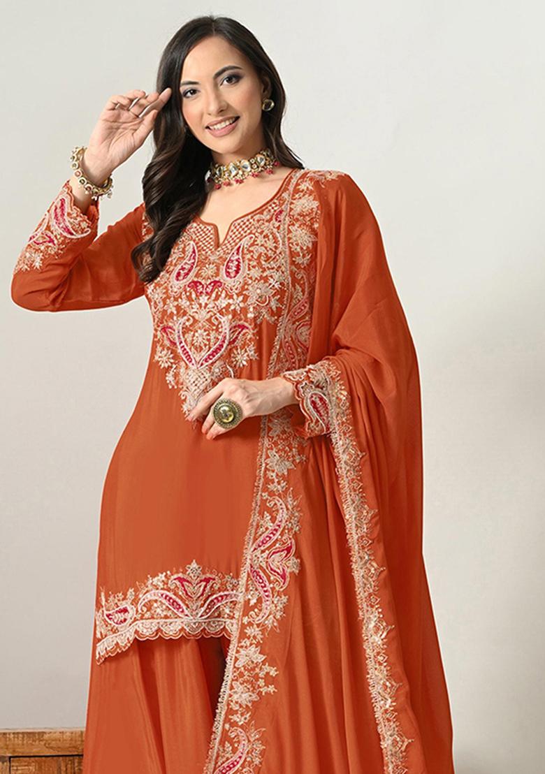 Orange Embroidery Chinon Kurta Set - Indya